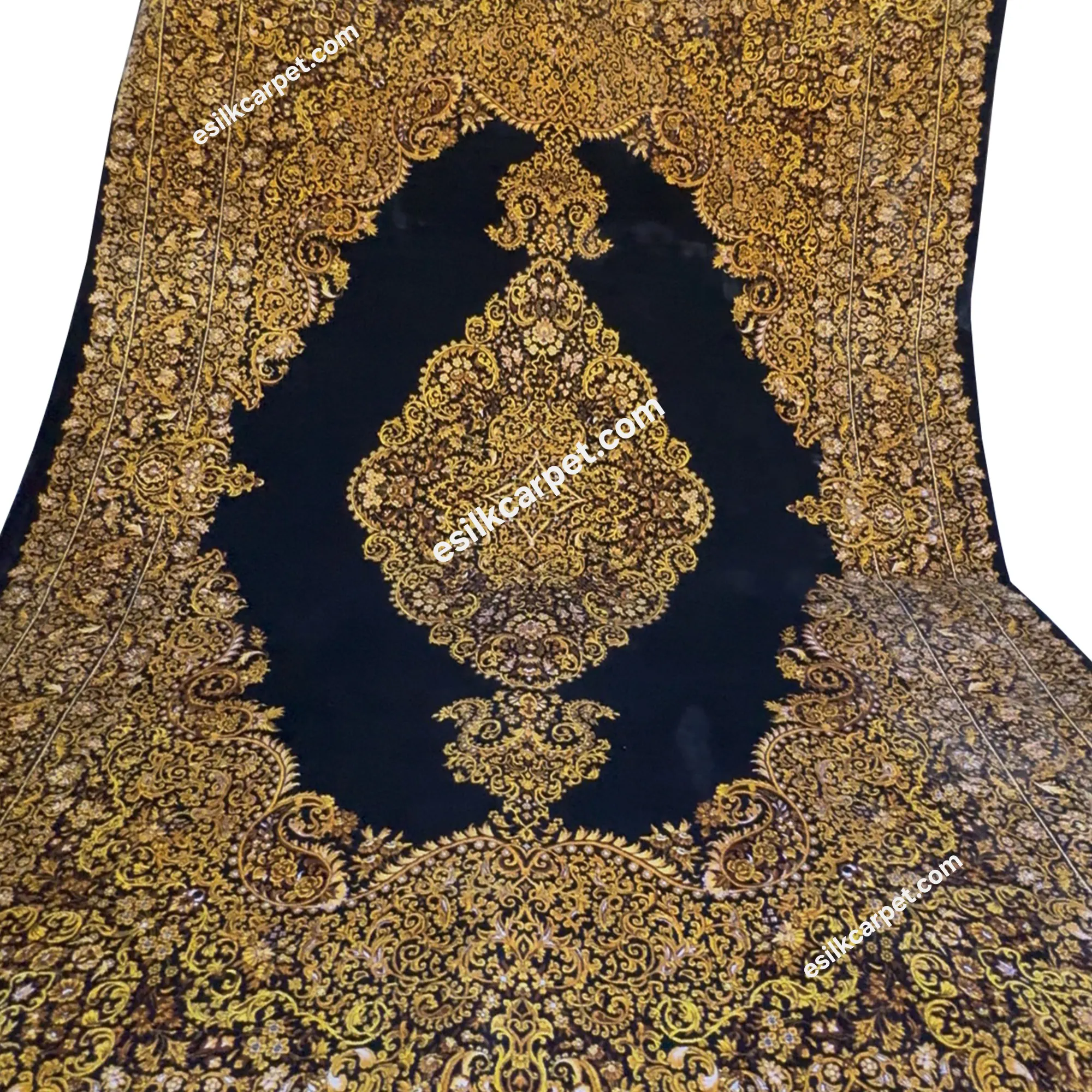فرش ابریشم 6متری لچکترنج مشکی-طلایی - esilkcarpet.com