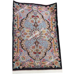پشتی ابریشم لچک‌ترنج گل‌وبلبل زمینه آبی - esilkcarpet.com