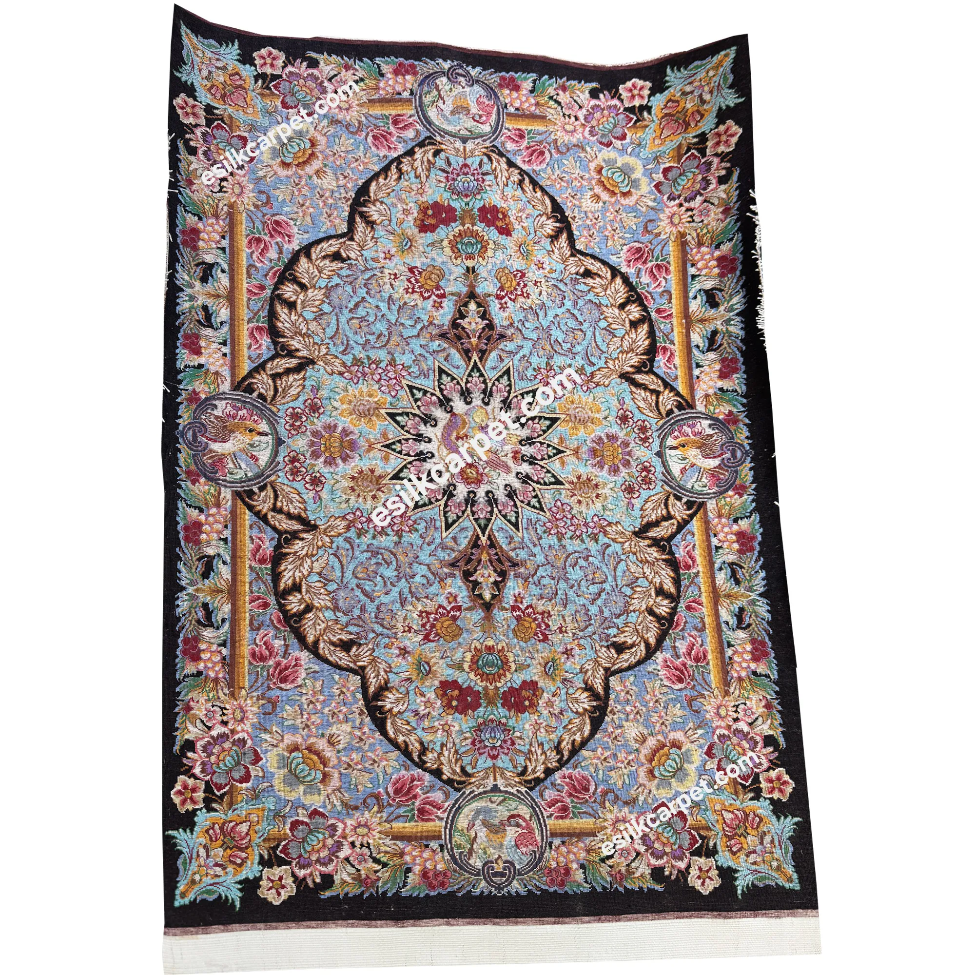 پشتی ابریشم لچکترنج گلوبلبل زمینه آبی - esilkcarpet.com