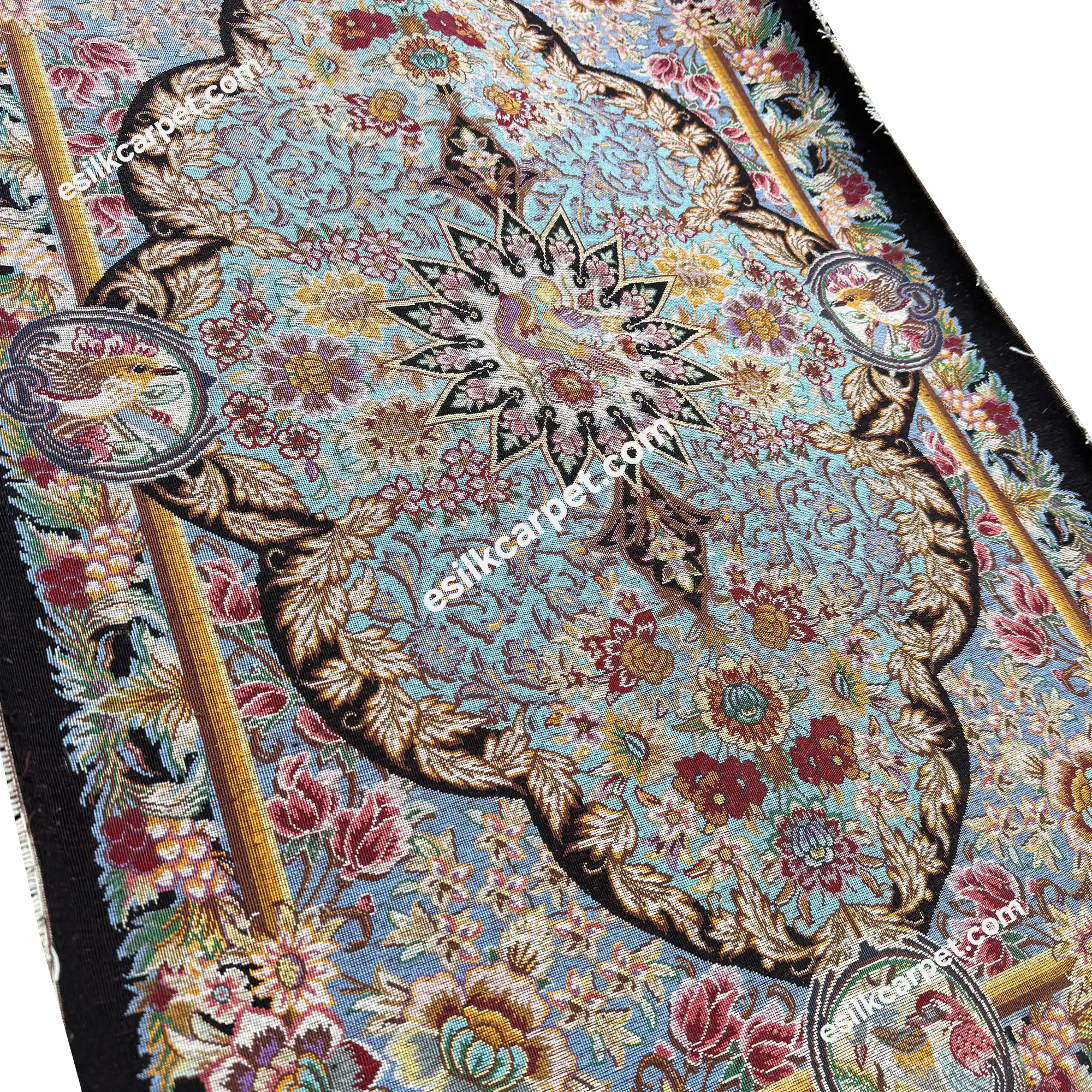 پشتی ابریشم لچکترنج گلوبلبل زمینه آبی - esilkcarpet.com
