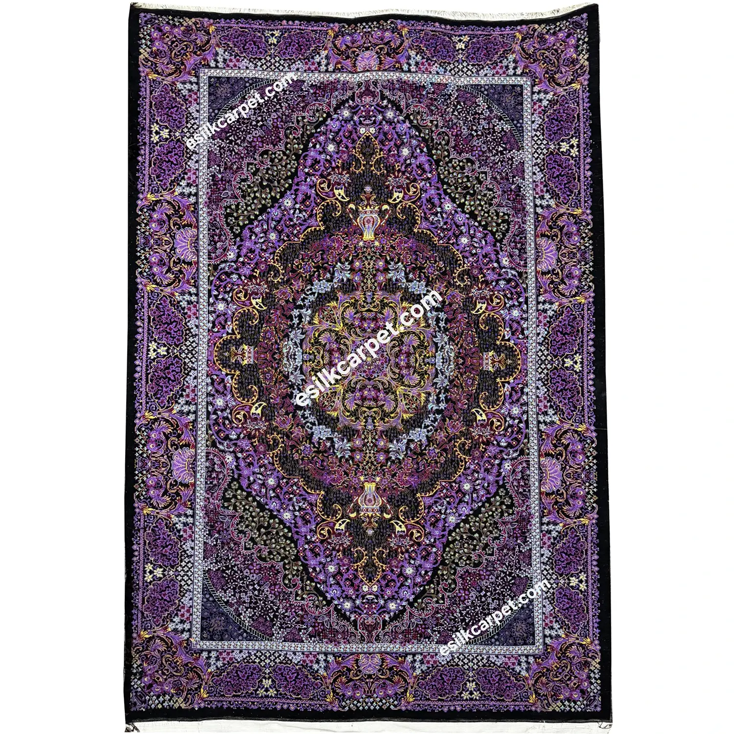 ذرعوچارک تاروپود ابریشم بنفش-مشکی - esilkcarpet.com