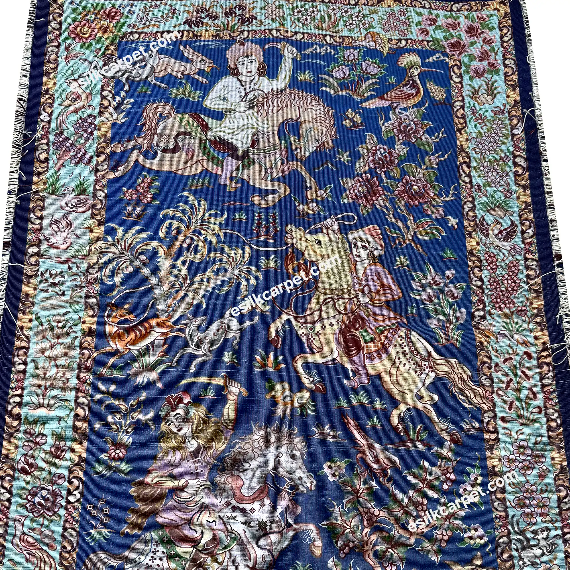 شکارگاه تاروپود تمام ابریشم سرمهای - esilkcarpet.com