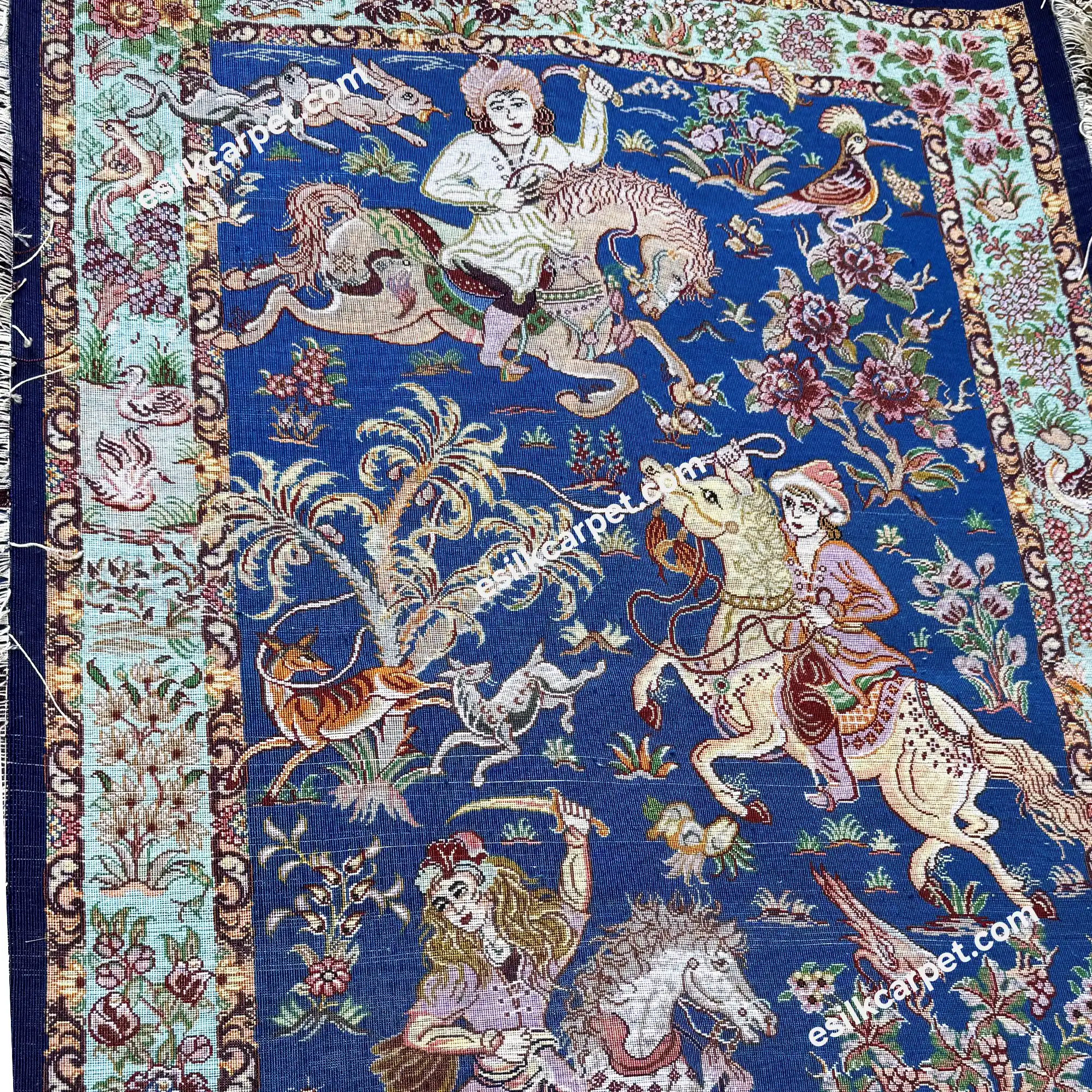 شکارگاه تاروپود تمام ابریشم سرمهای - esilkcarpet.com