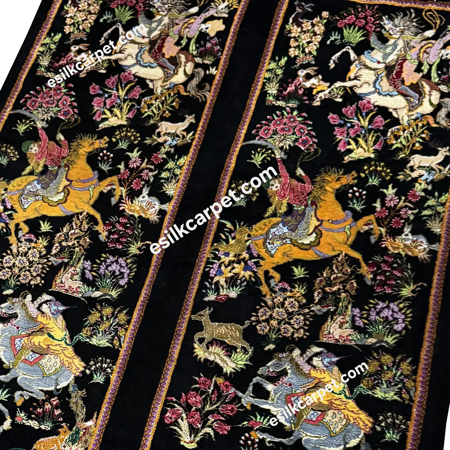 شکارگاه تاروپود تمام ابریشم زمینه مشکی - esilkcarpet.com