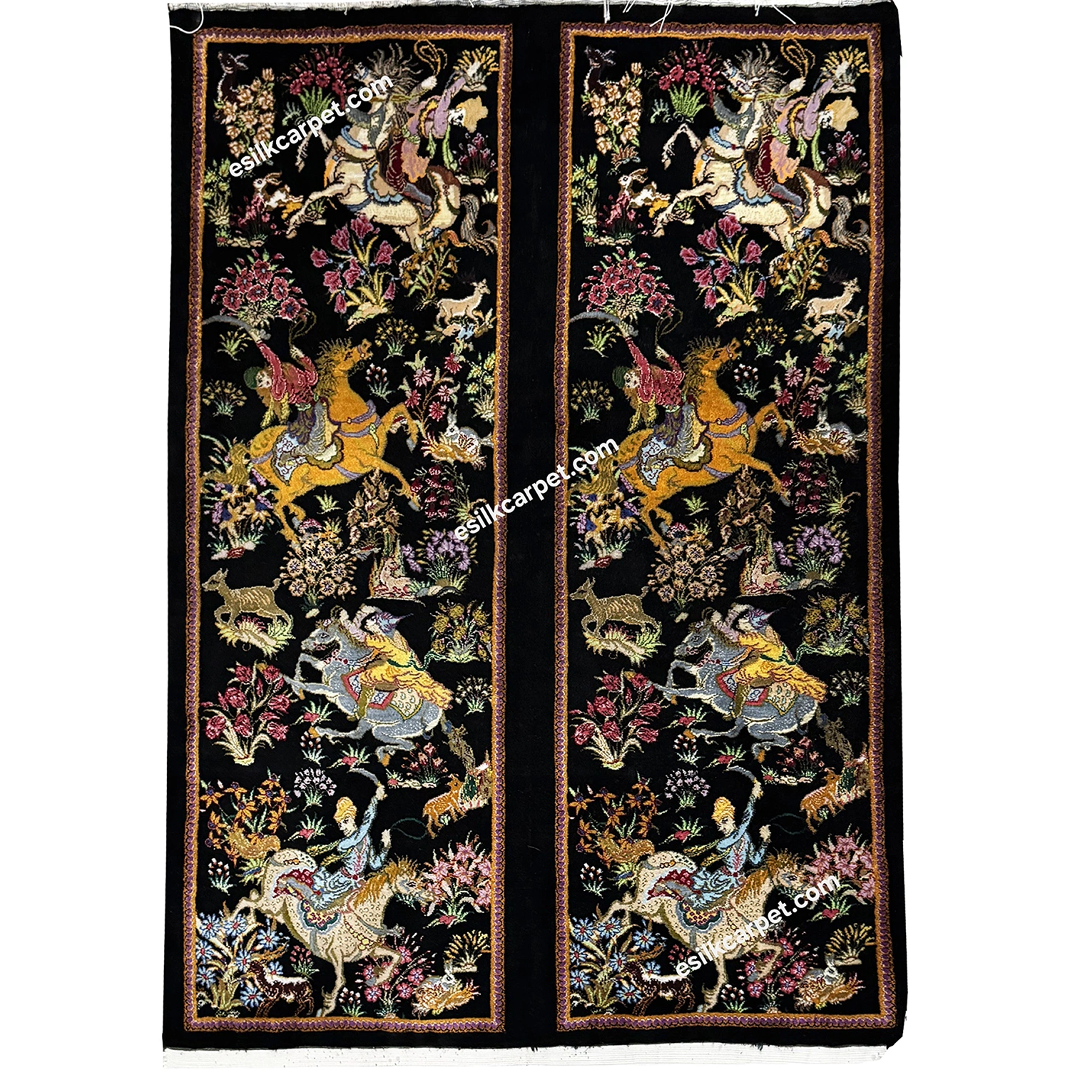 شکارگاه تاروپود تمام ابریشم زمینه مشکی - esilkcarpet.com